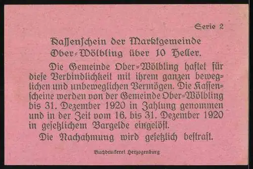 Notgeld Ober-Wölbling 1920, 10 Heller, Forsthaus Landersdorf, Serie 2