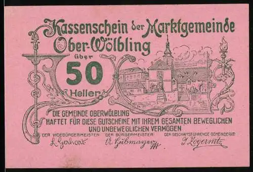 Notgeld Ober-Wölbling 1920, 50 Heller, Stadtansicht und Verzierungen, Serie 2