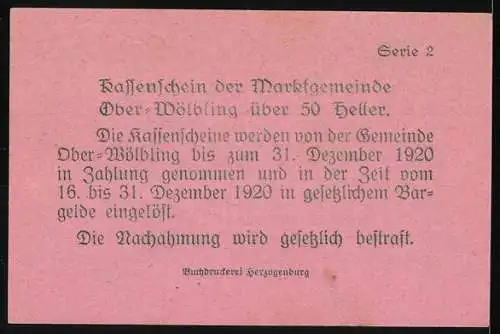 Notgeld Ober-Wölbling 1920, 50 Heller, Stadtansicht und Verzierungen, Serie 2