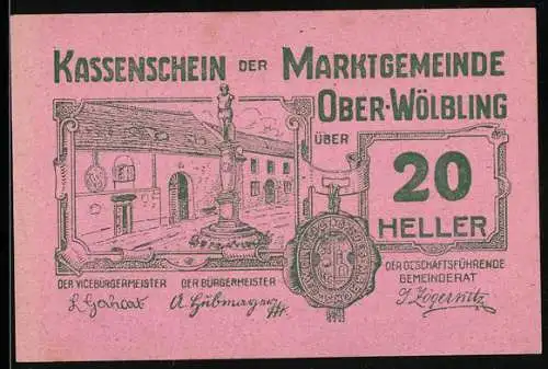 Notgeld Ober-Wölbling 1920, 20 Heller, Brunnen und Gebäude-Motiv, Serie 2