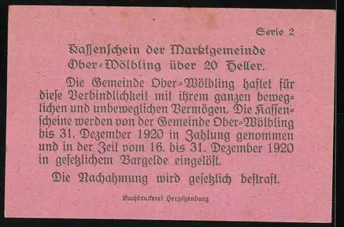 Notgeld Ober-Wölbling 1920, 20 Heller, Brunnen und Gebäude-Motiv, Serie 2