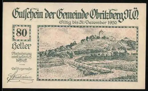 Notgeld Obritzberg 1920, 80 Heller, Landschaft mit Burg und Dorfansicht