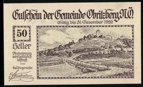 Notgeld Obritzberg 1920, 50 Heller, ländliche Landschaft und Gemeindeansicht