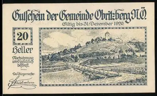 Notgeld Obritzberg 1920, 20 Heller, Landschaftsmotiv mit Hügel und Gebäuden