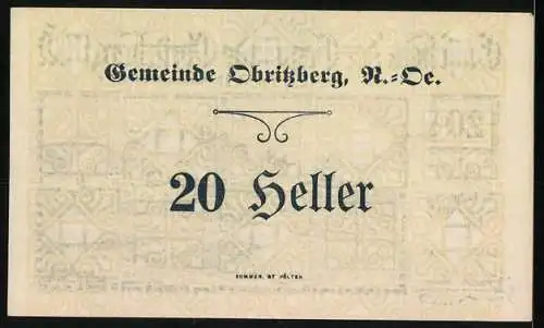 Notgeld Obritzberg 1920, 20 Heller, Landschaftsmotiv mit Hügel und Gebäuden