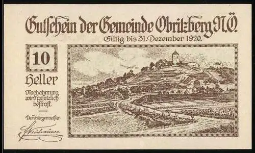 Notgeld Obritzberg 1920, 10 Heller, Landschaft mit Dorfansicht