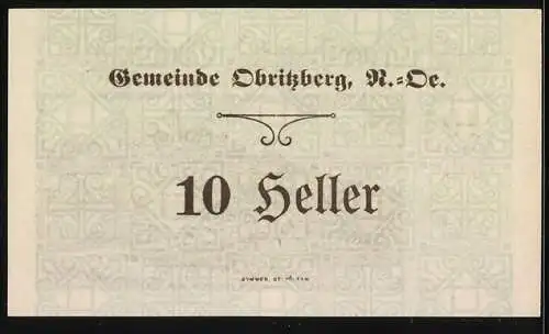 Notgeld Obritzberg 1920, 10 Heller, Landschaft mit Dorfansicht