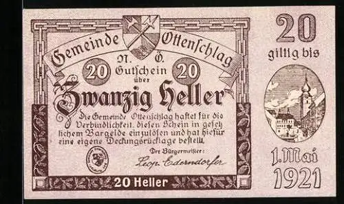 Notgeld Ottenschlag 1921, 20 Heller, Wappen und Stadtansicht, gültig bis 1. Mai 1921