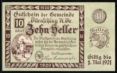 Notgeld Ottenschlag 1920, 10 Heller, Marktplatzansicht und Wappen, gültig bis 1. Mai 1921