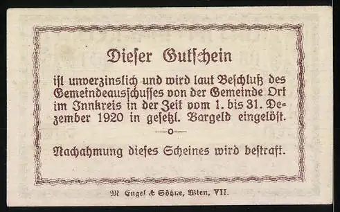 Notgeld Ort im Innkreis 1920, 50 Heller, Kirche und Gebäudeansicht