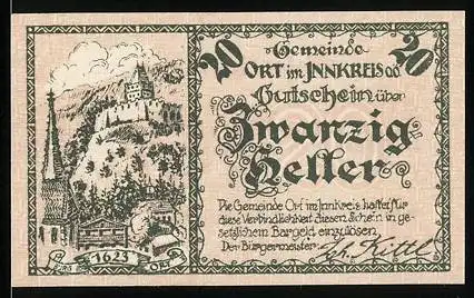 Notgeld Ort im Innkreis 1920, 20 Heller, Burg und Landschaftsmotiv