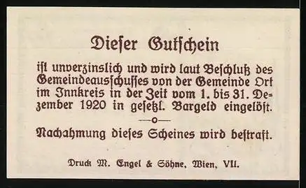 Notgeld Ort im Innkreis 1920, 20 Heller, Burg und Landschaftsmotiv