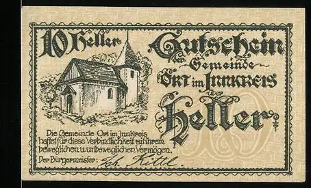 Notgeld Ort im Innkreis 1920, 10 Heller, Kirche im Dorfmotiv