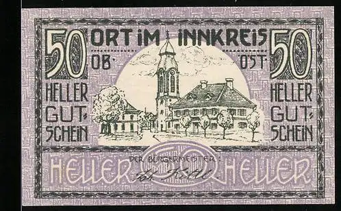 Notgeld Ort im Innkreis 1920, 50 Heller, Rathaus und Kirchturm mit Landschaftsmotiv