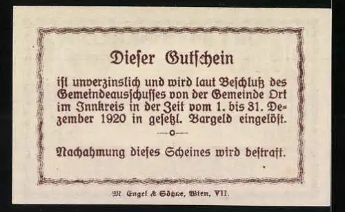 Notgeld Ort im Innkreis 1920, 50 Heller, Rathaus und Kirchturm mit Landschaftsmotiv