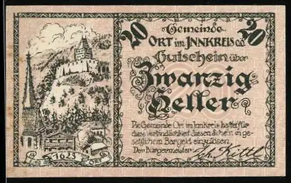 Notgeld Ort im Innkreis 1920, 20 Heller, Burg und Kirche Landschaftsmotiv