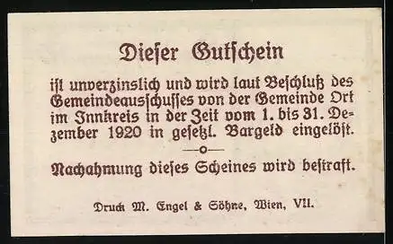 Notgeld Ort im Innkreis 1920, 20 Heller, Burg und Kirche Landschaftsmotiv