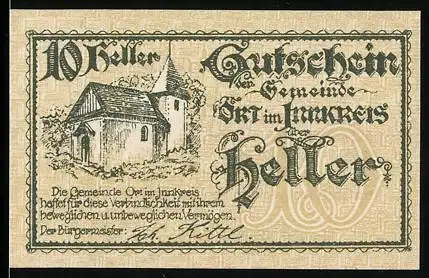 Notgeld Ort im Innkreis 1920, 10 Heller, Kirche und Landschaftsmotiv