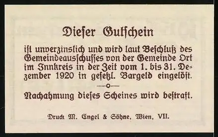 Notgeld Ort im Innkreis 1920, 10 Heller, Kirche und Landschaftsmotiv