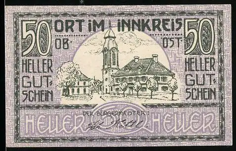 Notgeld Ort im Innkreis 1920, 50 Heller, Stadtansicht mit Kirche und Bürgermeister-Unterschrift