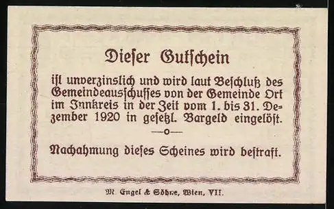 Notgeld Ort im Innkreis 1920, 50 Heller, Stadtansicht mit Kirche und Bürgermeister-Unterschrift