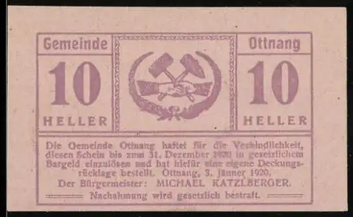 Notgeld Ottnang 1920, 10 Heller, Hände mit Hämmern und Eichenlaubkranz