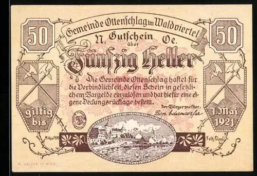 Notgeld Ottenschlag 1921, 50 Heller, Ortsansicht mit Wappen und dekorativem Textmuster