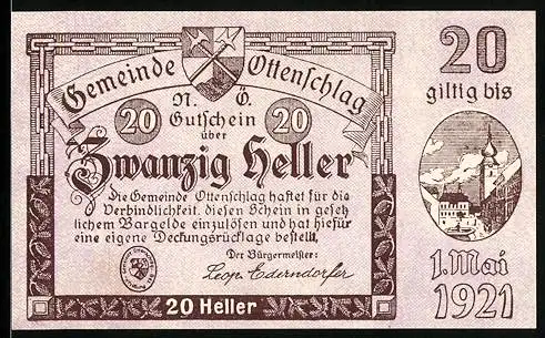 Notgeld Ottenschlag 1921, 20 Heller, Stadtansicht und Wappen, gültig bis 1. Mai 1921