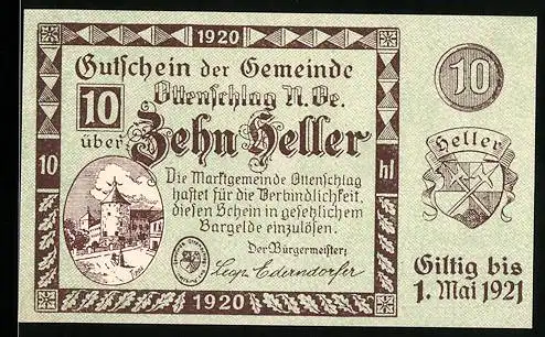 Notgeld Ottenschlag 1920, 10 Heller, Stadttor-Motiv, Wappen, gültig bis Mai 1921