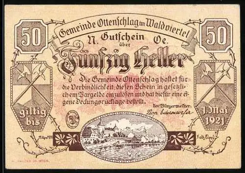 Notgeld Ottenschlag 1921, 50 Heller, Stadtansicht und Wappen, gültig bis 1. Mai 1921