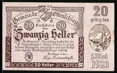 Notgeld Ottenschlag 1921, 20 Heller, Stadtansicht und Wappen, gültig bis 1. Mai 1921