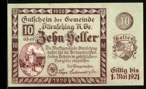 Notgeld Ottenschlag 1920, 10 Heller, Burgturm-Motiv, Wappen, gültig bis 1. Mai 1921