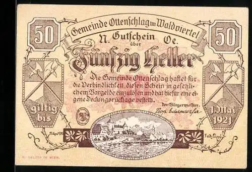 Notgeld Ottenschlag 1921, 50 Heller, Stadtansicht und Wappen mit Fahnenmuster