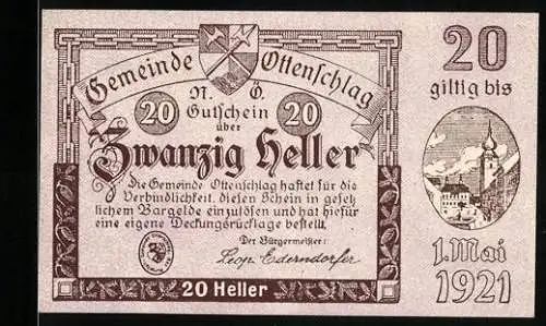 Notgeld Ottenschlag 1921, 20 Heller, Stadtansicht und Wappen, gültig bis 1. Mai 1921