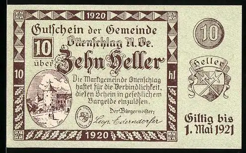 Notgeld Ottenschlag 1920, 10 Heller, Schlossansicht und Wappen, gültig bis Mai 1921