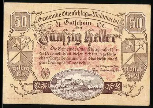 Notgeld Ottenschlag 1921, 50 Heller, Ortsansicht und Wappen, gültig bis 1. Mai 1921