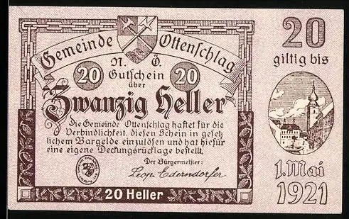 Notgeld Ottenschlag 1921, 20 Heller, Stadtansicht und Wappen, gültig bis 1. Mai 1921