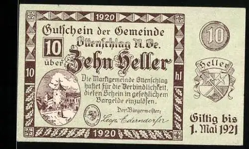 Notgeld Ottenschlag 1920, 10 Heller, Ortsansicht und Wappen, gültig bis 1. Mai 1921