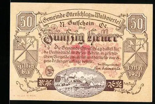 Notgeld Ottenschlag 1921, 50 Heller, Landschaftsmotiv und Zierbilder