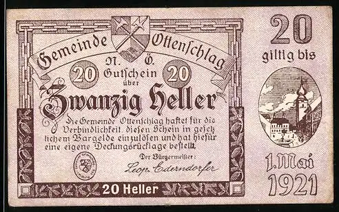 Notgeld Ottenschlag 1921, 20 Heller, Wappen und Stadtszene mit Kirche