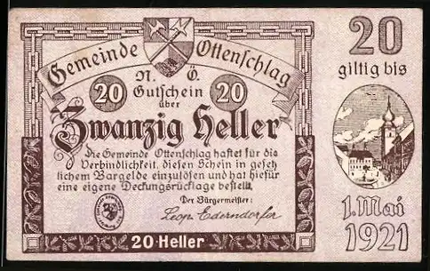 Notgeld Ottenschlag 1921, 20 Heller, Stadtansicht und Wappen, gültig bis 1. Mai 1921