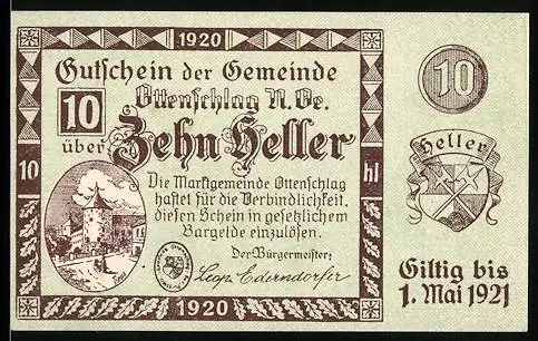 Notgeld Ottenschlag 1920, 10 Heller, Burgturm-Motiv, Wappen mit Stern und Schwert, gültig bis 1. Mai 1921