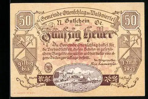 Notgeld Ottenschlag 1921, 50 Heller, Landschaft mit Wappen und Datum, Gültigkeit 1. Mai 1924