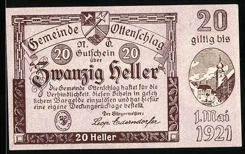 Notgeld Ottenschlag 1921, 20 Heller, Stadtansicht und Wappen, gültig bis 1. Mai 1921