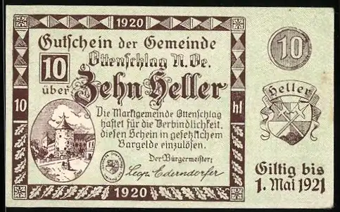 Notgeld Ottenschlag 1920, 10 Heller, Burgmotiv, Wappen, gültig bis 1. Mai 1921