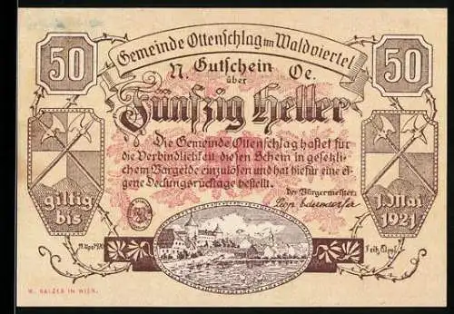 Notgeld Ottenschlag 1921, 50 Heller, Stadtansicht und Wappen, gültig bis 1. Mai 1924