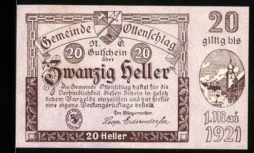 Notgeld Ottenschlag 1921, 20 Heller, Stadtansicht mit Wappen, gültig bis 1. Mai