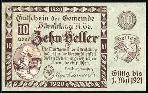 Notgeld Ottenschlag 1920, 10 Heller, Landschaftsmotiv und Wappen, gültig bis 1. Mai 1921