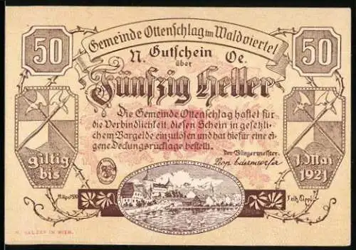 Notgeld Ottenschlag 1921, 50 Heller, Landschaftsmotiv und Wappen der Gemeinde im Waldviertel