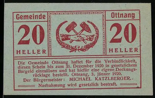 Notgeld Ottnang 1920, 20 Heller, Hände mit Hammer und Ähren umgeben von Lorbeerkranz